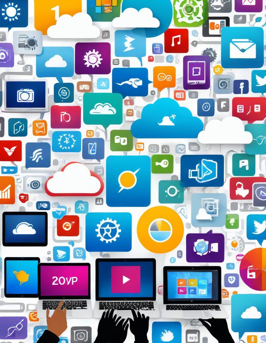 A vibrant collage showcasing various user-friendly digital solutions on different devices like smartphones, tablets, and laptops. The scene should include diverse people of different ages and backgrounds joyfully interacting with these applications, displaying a sense of ease and satisfaction. Use bright colors and dynamic layouts to imply connectivity and innovation. Incorporate digital elements such as clouds, gears, and app icons in the background to symbolize advanced technology. super-realistic. vibrant colors. white background.