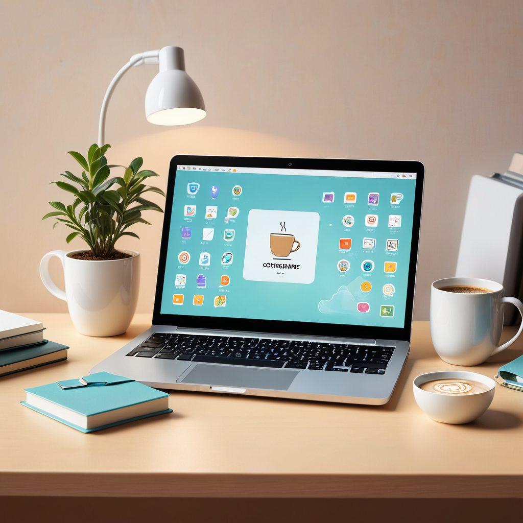 A serene workspace with a laptop displaying a user-friendly software patching interface. Include a coffee cup beside it, symbolizing comfort and efficiency. Floating icons representing software updates and bug fixes surround the scene, conveying a sense of ease. Soft, inviting colors to create a calming atmosphere. vector art. vibrant colors.