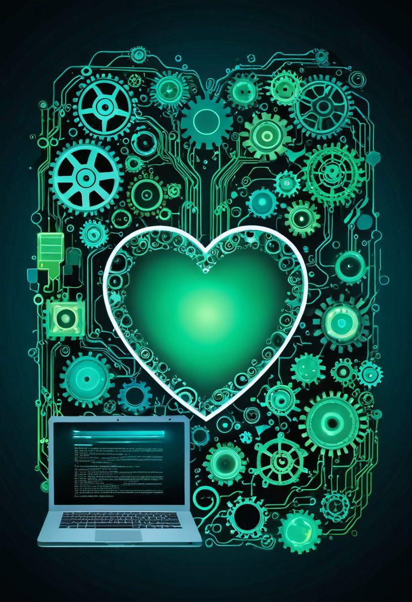 A heart-shaped computer with gears and tools, surrounded by floating digital devices and glowing circuit patterns, illustrating a sense of love and care for technology. The background features a soothing gradient of blue and green colors to represent tranquility in digital repair. Add elements like a smiling cloud computing icon and sparking light effects to enhance positivity. modern flat design. vibrant colors. high resolution.